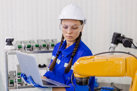 female technician engineer using laptop checking automation robotics at industrial modern factory. woman working at factory innovation automation robot.の写真素材
