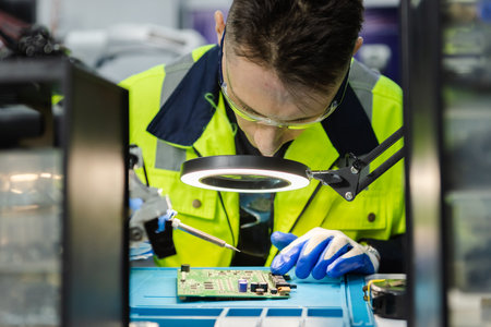 man electrical engineer using solder repairing instrument microchip electronic instrument circuit board repair Industrial use. repairman worker electric industry. Machine repair for industrial applications.の写真素材