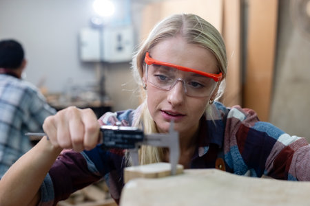 Worker carpenter or craftsman using vernier calipers measuring dimensions of woodwork. Female working wood design at workplace. wooden small business factory.の写真素材