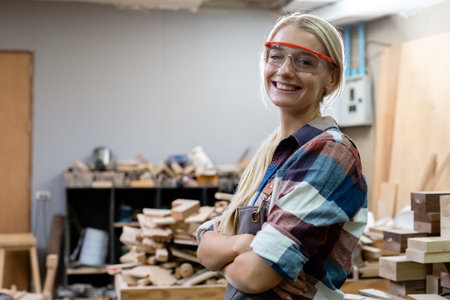 portrait of happy smile young carpenter woman wearing goggles arms crossed professional handyman....