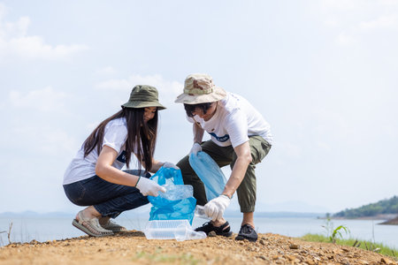 Male and female volunteers collecting garbage, conducting environmental cooperation, saving world reducing global warming, Volunteers clean plastic bag waste in natural attractions.の写真素材