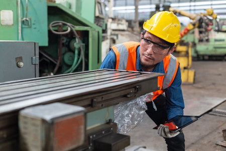Male workers wear yellow helmet working using check up iron production in factory. Heavy Industrial...