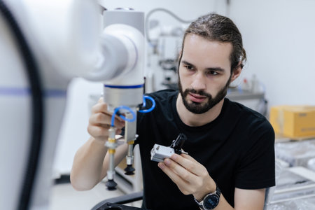Male staff engineer with robot for education at class room. Education for future robotics learning innovation. Workshop maintenance technical.の写真素材