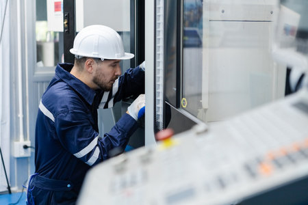 man engineering and technician working together checking condition of machine control automation software repair of robot at industrial factory. Technician solving problem server system hardware.の写真素材