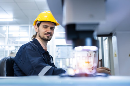 Specialist male engineer workers in manufacturing factory workplace. Microchip testing staff Operations of robots in industrial plants. Trade and research parts, modern production.の写真素材