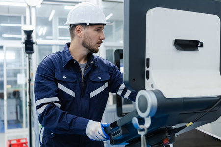 Man engineer using computer controlling cnc machine at workshop. professional male control automated...