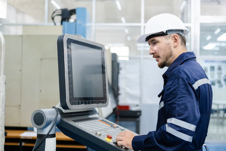 Man engineer using computer controlling cnc machine at workshop. professional male control automated...