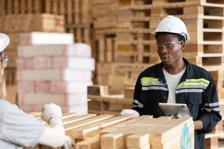 Worker Man with a bearded wearing safety uniform yellow hard hat using tablet working checking quality wooden at manufacturing wooden. Male carpenter worker wood warehouse industry.の写真素材