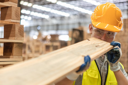 Man wearing safety uniform and yellow hard hat working checking quality wooden products at workshop...