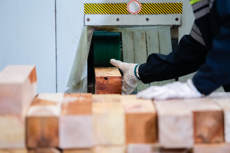 Man American African wearing safety uniform and hard hat working on wood sanding electric machines at workshop manufacturing wooden. Male carpenter worker wood warehouse industry.の写真素材