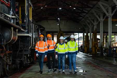 Team railway technician engineer Inspect repair service project train diesel engine in maintenance...