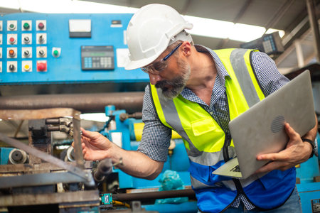 Industrial man engineer supervisor wear uniform and helmet using laptop are checking system machine...