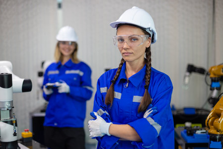 Portrait technician engineer automation robotics at industrial modern lab factory. Female team...