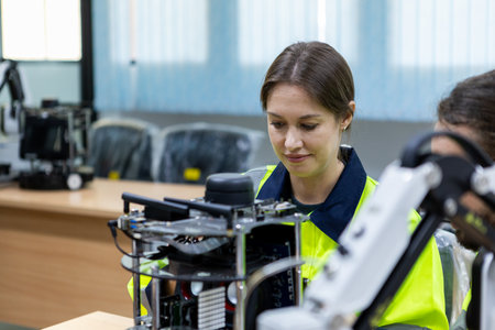 Female using tablet staff engineer with robot for education at class room. Education for future...