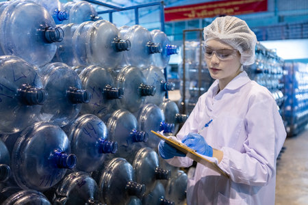 Female worker holding clipboard checking quality of large drinking water tanks before process of filling water into plastic bottles to bring out to consumers. Water bottles on production line of factory.の写真素材