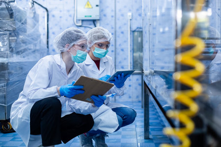 Female worker using tablet checking quality drinking water before process of filling water into...