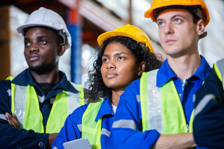 Team engineering worker technician, workshop manufacturing, Teamwork in industry factory. group...