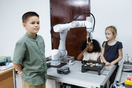 Boy in electronic class room. Kid boy education electronic AI class and touching screen STEAM digital. learning innovation electronic for future AI. electric system skill training. STEM education concept.の写真素材