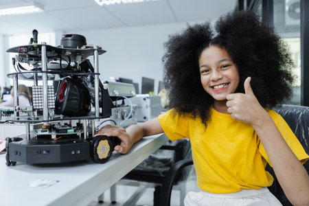 Girl with afro hairstyle thumbs up education electronic on table at class room. learning innovation electronic for future AI. electric system skill training. STEM education concept.の写真素材