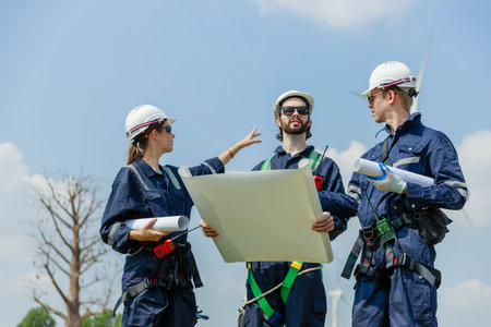 Team engineer wind turbine worker safety uniform survey discuss operational planning windmill field clean energy. Alternative technology protect environment reduce global warming problems.の写真素材