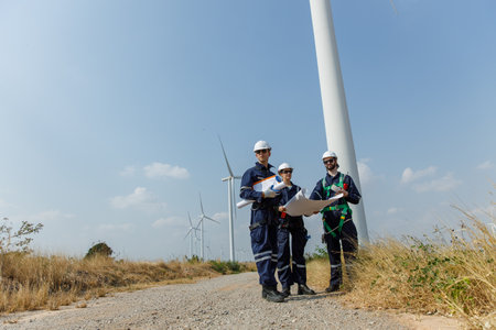 Team engineer wind turbine worker safety uniform survey discuss operational planning windmill field clean energy. Alternative technology protect environment reduce global warming problems.の写真素材