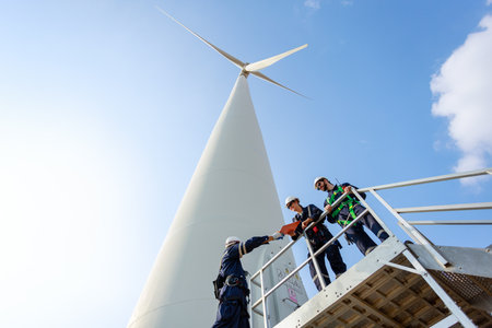 Team engineer wind turbine worker safety uniform survey discuss operational planning windmill field clean energy. Alternative technology protect environment reduce global warming problems.の写真素材