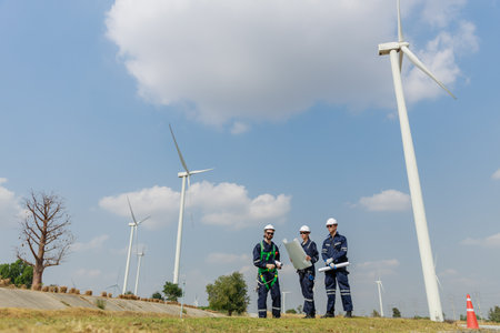 Team engineer wind turbine worker safety uniform survey discuss operational planning windmill field...