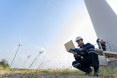 Team engineer wearing safety uniform holding laptop discussed plan about renewable energy at station...