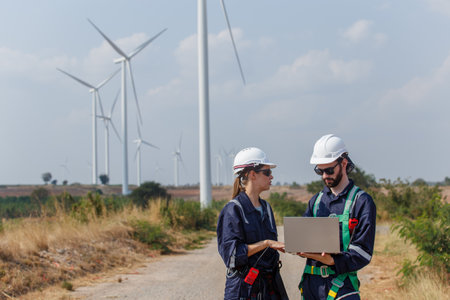 Team engineer wearing safety uniform holding laptop discussed plan about renewable energy at station...