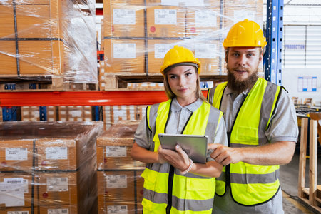 Male and Female professional worker wearing safety uniform using tablet inspect goods on shelves in warehouse. supervisor worker checklist stock inspecting product in storage for logistic.の写真素材