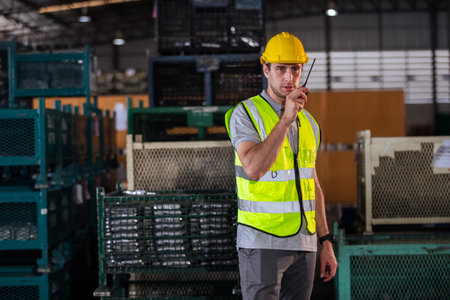 Male professional walkie talkie control worker in warehouse. Supervisor import-export shipping...