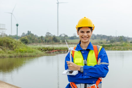 Happy female engineer of wind turbine energy company. woman holding wind turbine simulator. Technology protect environment reduce global warming problems. Innovative renewable energy.の写真素材
