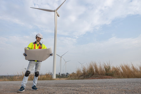 man engineer worker wearing safety uniform holding and reading blueprint working about renewable...