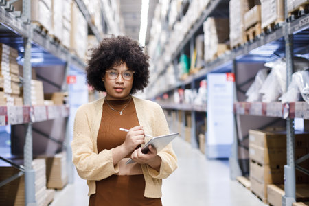 Young African American female looking at camera working in warehouse using digital tablet checking inspection on shelves.woman worker check stock inspecting in storage logistic factory.の写真素材