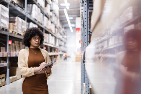 Young African American female working in warehouse using digital tablet checking inspection on shelves.woman worker check stock inspecting in storage logistic factory.の写真素材