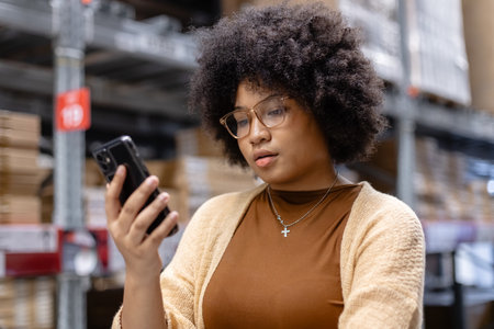 Businesswoman African American afro hairstyle using smartphone standing in warehouse. Customers look for products on vacant shelf. woman worker check stock inspecting in logistic factory.の写真素材