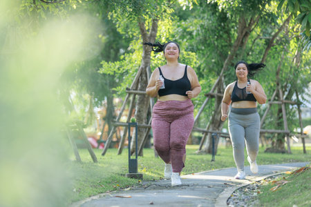 Cheerful two women in sportswear have fun exercising in garden. Asian girls plus size wear sports uniform are friend together running exercise in green public park, healthy concept.の写真素材