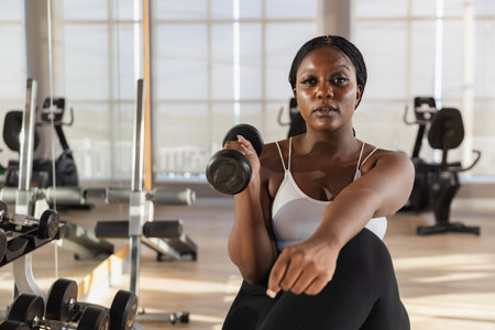 Healthy strong female African American plus-size holding dumbbells lifts weights exercise in gym. sport training weights fitness, Exercise to lose weight, take care of health.の写真素材