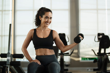 Healthy strong latina female holding dumbbells lifts weights exercise in gym. sport training weights fitness, Exercise to lose weight, take care of health.の写真素材