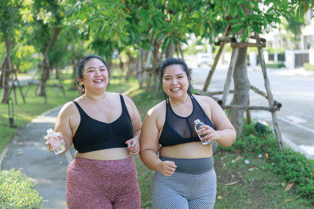 Cheerful two women in sportswear have fun exercising in garden. Asian girls plus size wear sports uniform are friend together running exercise in green public park, healthy concept.の写真素材