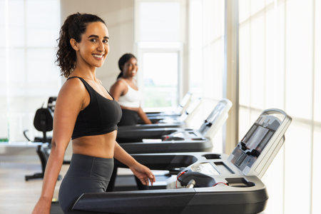 woman sportwear exercise running treadmill fitness in gym health club. sportswoman slim motivation...