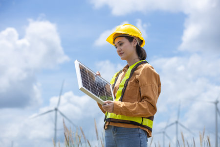 Female engineer ecology solar panel plant environment electricity. Alternative innovation energy....