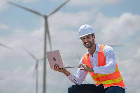 Engineer wearing safety uniform holding laptop discussed plan about renewable energy at station energy power wind. technology protect environment reduce global warming problems.の写真素材