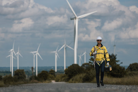 Man engineers holding tools box and rope to maintenance working in wind turbine. Renewable energy power wind turbine. Technology protect environment reduce global warming problems.の写真素材