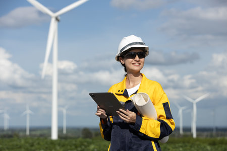 Female engineer wind turbine worker survey operational planning windmill clean renewable energy technology for future. Alternative technology protect environment reduce global warming problems.の写真素材