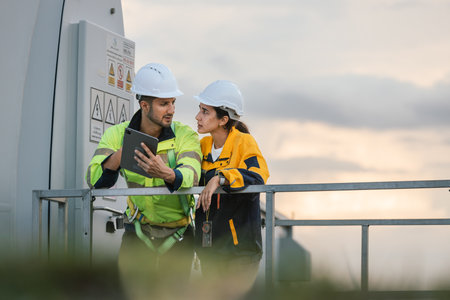 Team engineer wind turbine worker safety uniform survey discuss operational planning windmill field clean energy. Alternative technology protect environment reduce global warming problems.の写真素材