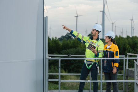 Team engineer wind turbine worker safety uniform survey discuss operational planning windmill field clean energy. Alternative technology protect environment reduce global warming problems.の写真素材