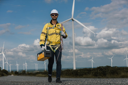 Man engineers holding tools box and rope to maintenance working in wind turbine. Renewable energy power wind turbine. Technology protect environment reduce global warming problems.の写真素材