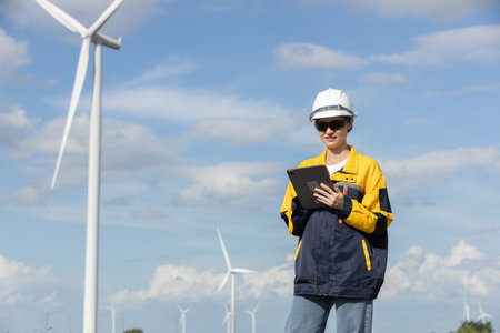 Female engineer wind turbine worker survey operational planning windmill clean renewable energy technology for future. Alternative technology protect environment reduce global warming problems.の写真素材