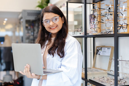 women professional optician selling checking details of glasses and holding laptop in optical shop. Female optician accessory eyeglasses shop. sale equipment eyewear fashion customer.の写真素材